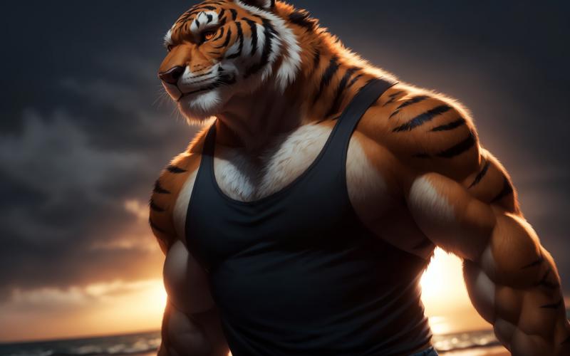 03167-2540406616-furrender style,portrait of a large muscular male siberian tiger,middle-aged,orange eyes,He wore a dark tank top and a pair of l.jpg